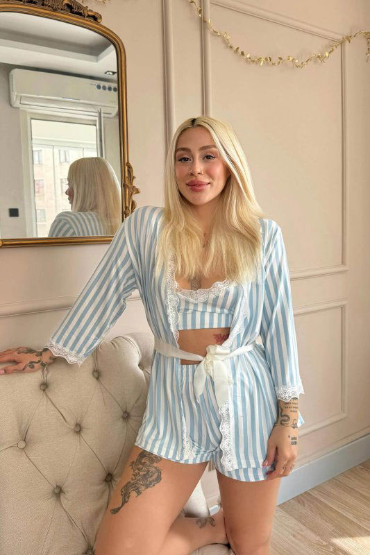 Mavi Çizgi Desenli Bambu Crop Sabahlıklı Şortlu Kadın Pijama Takımı - Pijamaevi (3)