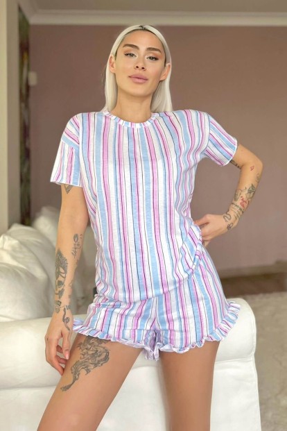 Mavi Çizgili Baskılı Şortlu Kadın Pijama Takımı - 1