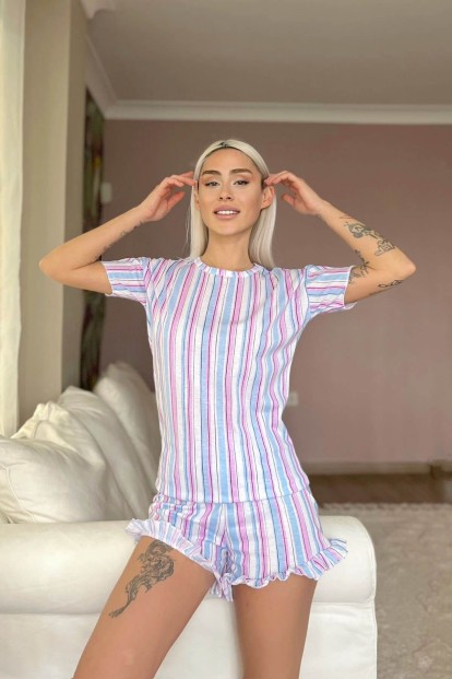 Mavi Çizgili Baskılı Şortlu Kadın Pijama Takımı - 2
