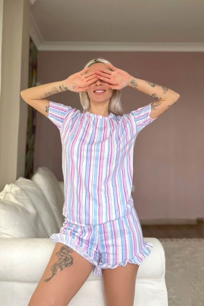 Mavi Çizgili Baskılı Şortlu Kadın Pijama Takımı - 3
