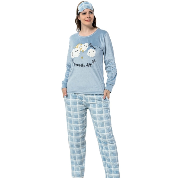 Mavi Cloud Desenli Kadın Yumoş Peluş Pijama Takımı - 1