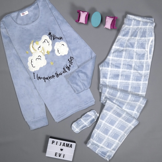 Mavi Cloud Desenli Kadın Yumoş Peluş Pijama Takımı - 2