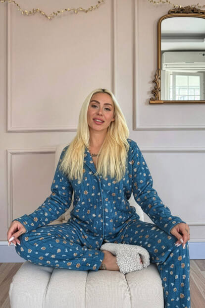 Mavi Cookie Desenli Önden Düğmeli Peluş Polar Pijama Takımı - 2
