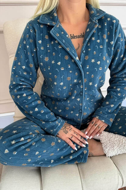 Mavi Cookie Desenli Önden Düğmeli Peluş Polar Pijama Takımı - 4