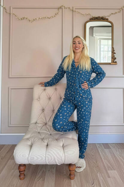 Mavi Cookie Desenli Önden Düğmeli Peluş Polar Pijama Takımı - 5