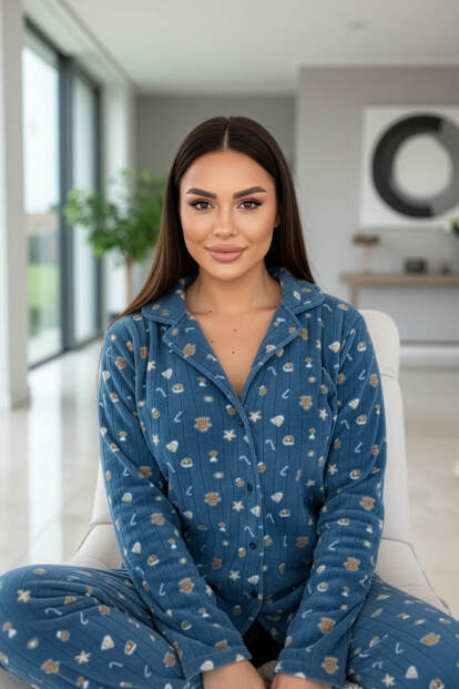 Mavi Cookie Desenli Önden Düğmeli Peluş Polar Pijama Takımı - 2