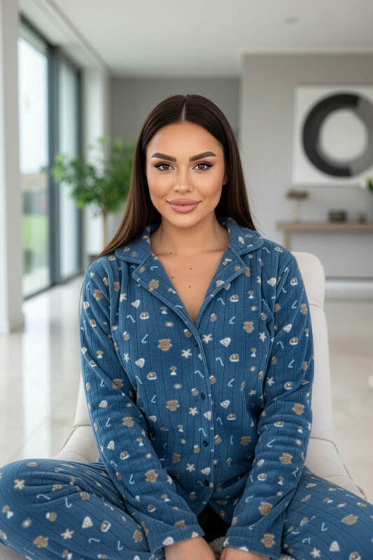 Mavi Cookie Desenli Önden Düğmeli Peluş Polar Pijama Takımı - Pijamaevi (1)