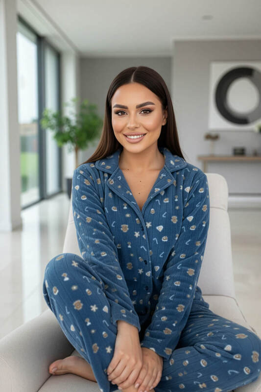 Mavi Cookie Desenli Önden Düğmeli Peluş Polar Pijama Takımı - Pijamaevi (3)