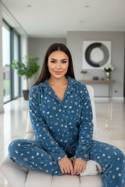 Mavi Cookie Desenli Önden Düğmeli Peluş Polar Pijama Takımı - 5
