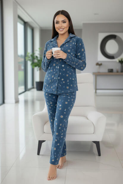Mavi Cookie Desenli Önden Düğmeli Peluş Polar Pijama Takımı - 6