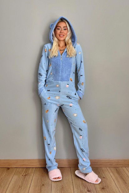 Mavi Cookies Desenli Kadın Polar Peluş Tulum Pijama Takımı - 6