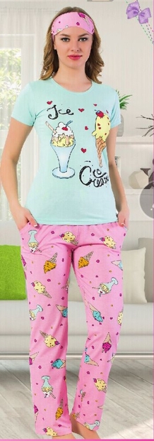 Mavi Dondurma Desenli Kısa Kollu Pijama Takımı - DEFOLU - 1