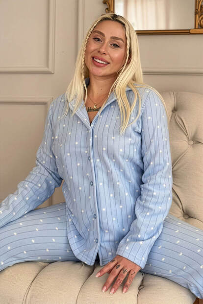 Mavi Dotted Desenli Önden Düğmeli Peluş Polar Pijama Takımı 