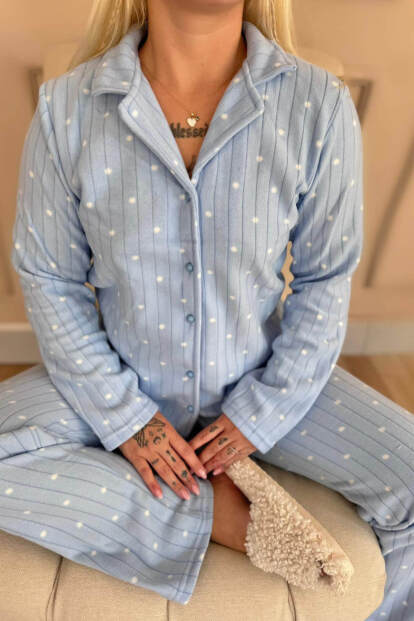 Mavi Dotted Desenli Önden Düğmeli Peluş Polar Pijama Takımı - 5