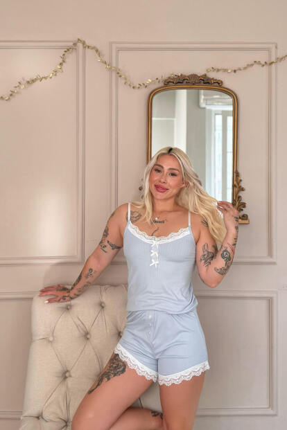 Mavi Dublin Ip Askı Şortlu Kadın Pijama Takımı - 4