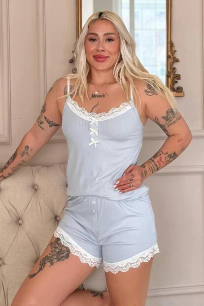Mavi Dublin Ip Askı Şortlu Kadın Pijama Takımı - 6