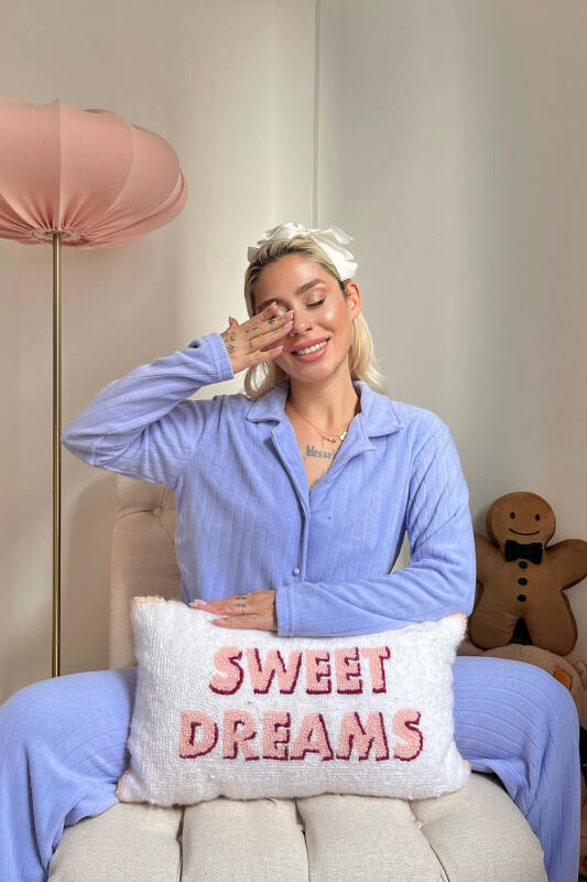 Mavi Düz Önden Düğmeli Peluş Polar Pijama Takımı - Pijamaevi (1)