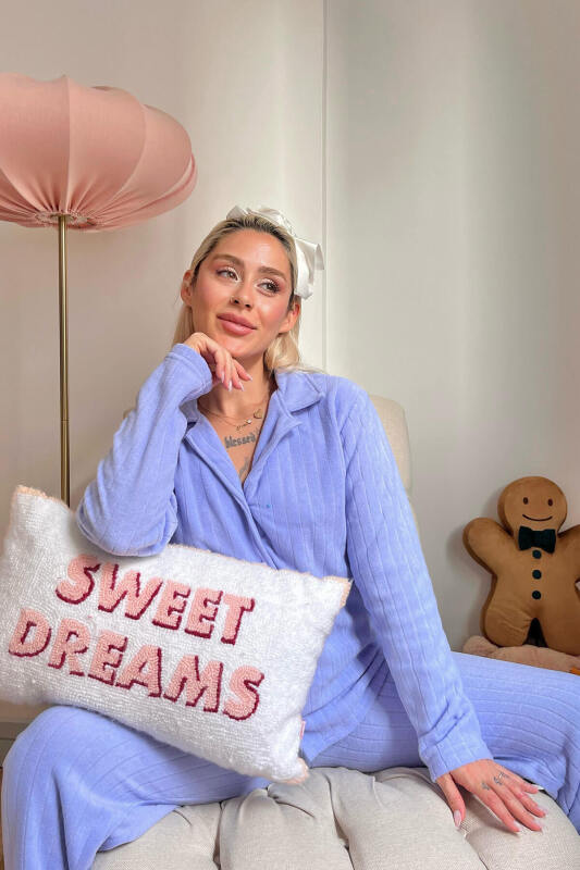 Mavi Düz Önden Düğmeli Peluş Polar Pijama Takımı - Pijamaevi (2)