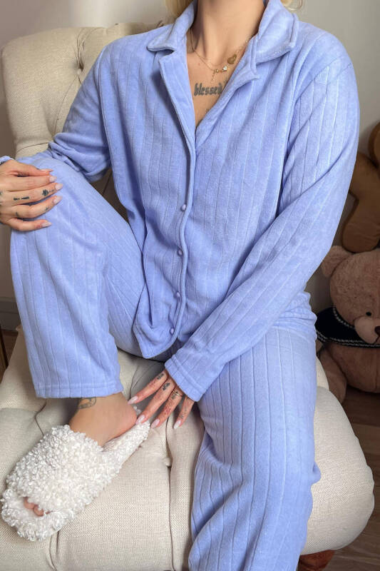 Mavi Düz Önden Düğmeli Peluş Polar Pijama Takımı - Pijamaevi (3)