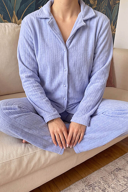 Mavi Düz Önden Düğmeli Peluş Polar Pijama Takımı - 4