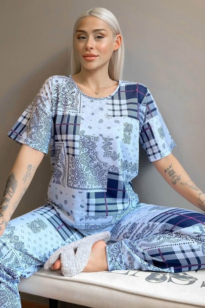 Mavi Ekose Etnik Baskılı Kısa Kollu Kadın Pijama Takımı - 1