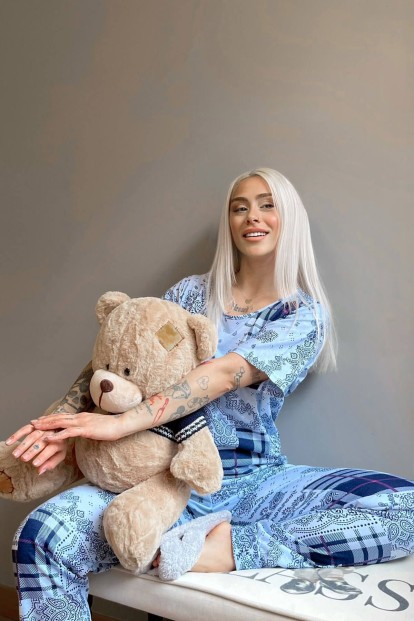 Mavi Ekose Etnik Baskılı Kısa Kollu Kadın Pijama Takımı - 3