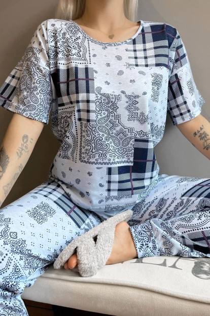Mavi Ekose Etnik Baskılı Kısa Kollu Kadın Pijama Takımı - 4