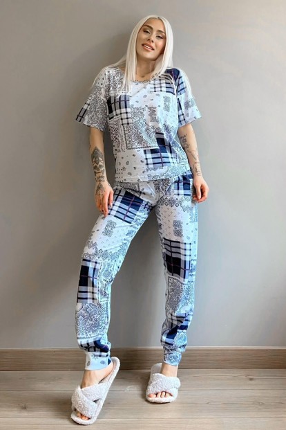 Mavi Ekose Etnik Baskılı Kısa Kollu Kadın Pijama Takımı - 5