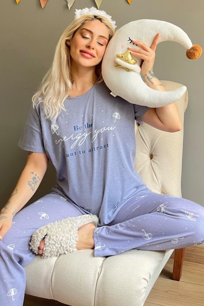 Mavi Energy Baskılı Kısa Kollu Kadın Pijama Takımı - 1