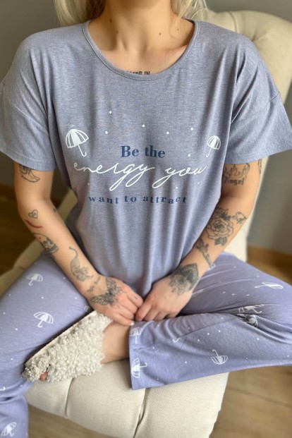 Mavi Energy Baskılı Kısa Kollu Kadın Pijama Takımı - 4