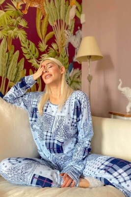 Mavi Etnico Ursa Baskılı Uzun Kol Kadın Pijama Takımı - 2