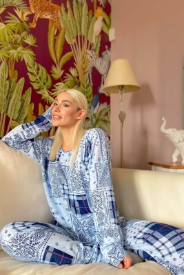 Mavi Etnico Ursa Baskılı Uzun Kol Kadın Pijama Takımı - 3