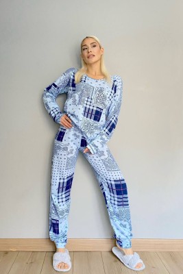 Mavi Etnico Ursa Baskılı Uzun Kol Kadın Pijama Takımı - 4