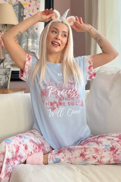 Mavi Fall in Love Baskılı Örme Kısa Kol Kadın Pijama Takımı - 1