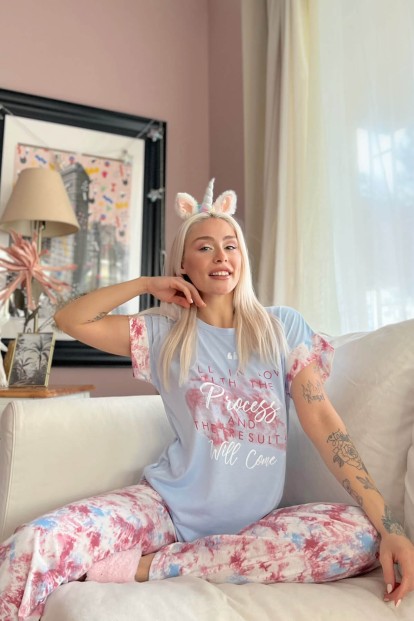 Mavi Fall in Love Baskılı Örme Kısa Kol Kadın Pijama Takımı - 3