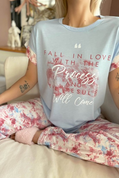Mavi Fall in Love Baskılı Örme Kısa Kol Kadın Pijama Takımı - 4
