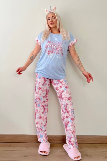 Mavi Fall in Love Baskılı Örme Kısa Kol Kadın Pijama Takımı - 5