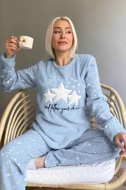 Mavi Feel Stars Queen Desenli Kadın Peluş Pijama Takımı - 1