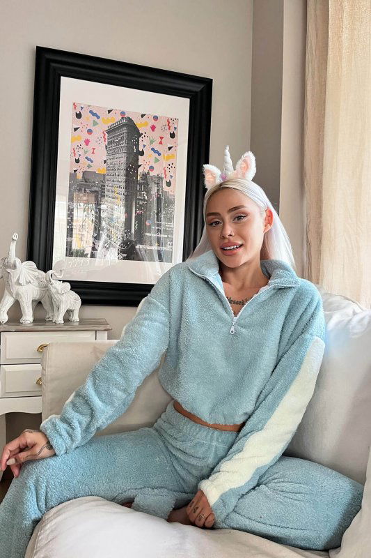 Mavi Fermuar Detaylı Crop Tam Peluş Pijama Takımı - Pijamaevi (3)