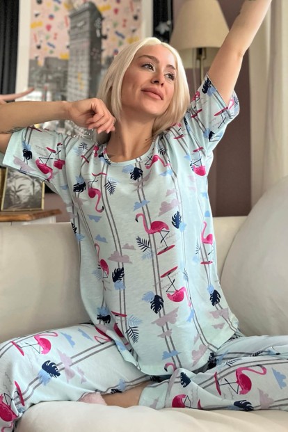 Mavi Flamingo Baskılı Kısa Kollu Kadın Pijama Takımı - 1