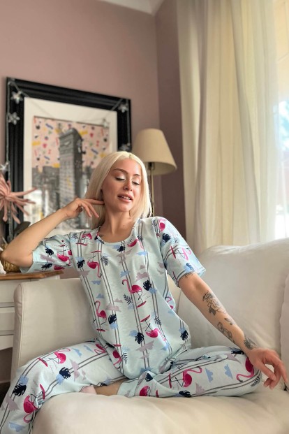 Mavi Flamingo Baskılı Kısa Kollu Kadın Pijama Takımı - 2