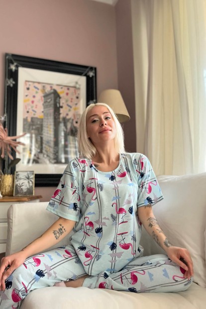 Mavi Flamingo Baskılı Kısa Kollu Kadın Pijama Takımı - 3