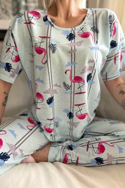 Mavi Flamingo Baskılı Kısa Kollu Kadın Pijama Takımı - 4