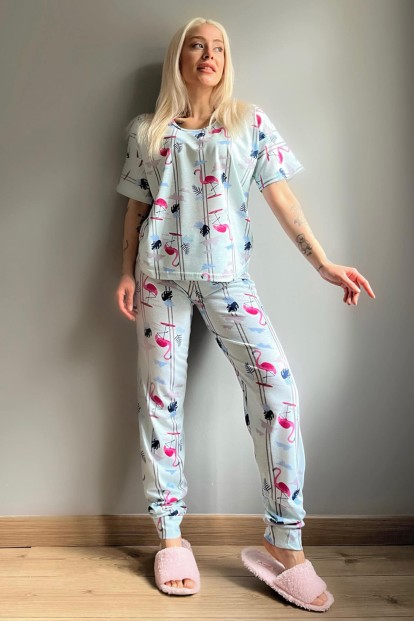 Mavi Flamingo Baskılı Kısa Kollu Kadın Pijama Takımı - 5
