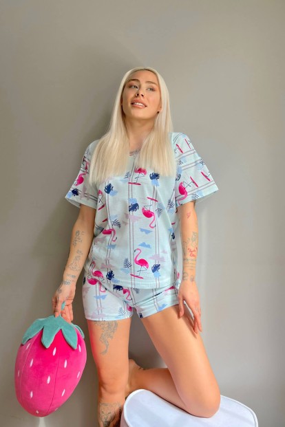 Mavi Flamingo Baskılı Şortlu Kadın Pijama Takımı - 2