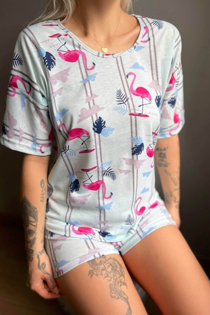 Mavi Flamingo Baskılı Şortlu Kadın Pijama Takımı - 4