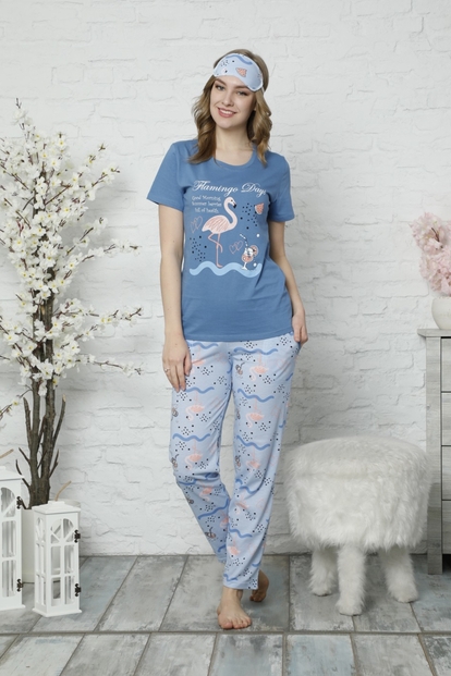 Mavi Flamingo Desenli Kısa Kollu Kadın Pijama Takımı - 2