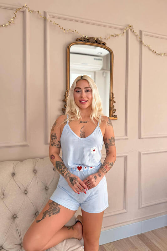 Mavi Fleur Douce Desenli Örme Ip Askı Şortlu Kadın Pijama Takımı - Pijamaevi (1)