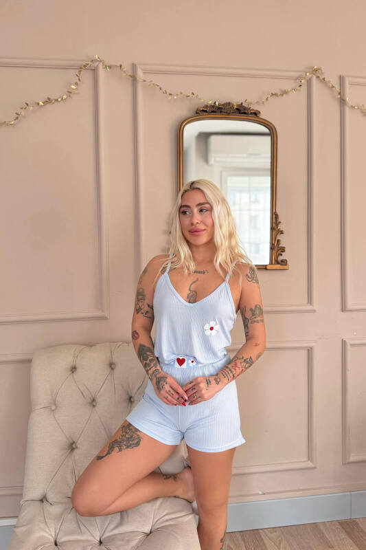 Mavi Fleur Douce Desenli Örme Ip Askı Şortlu Kadın Pijama Takımı - Pijamaevi (2)