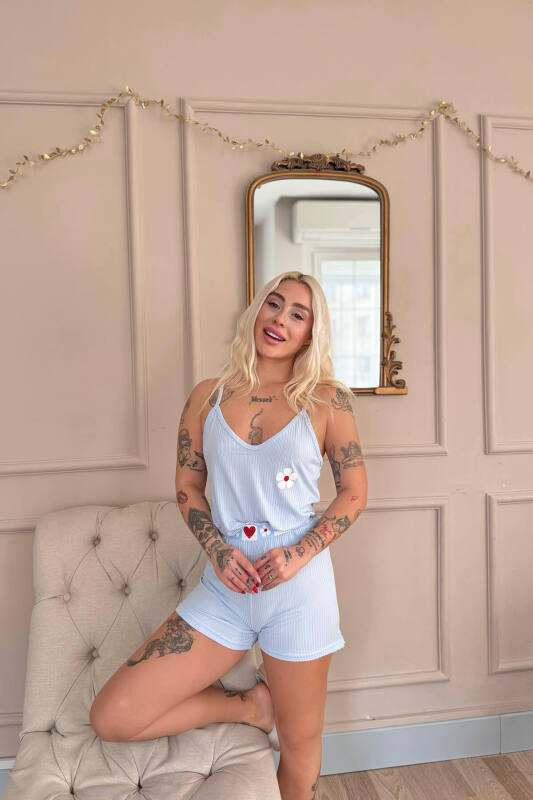 Mavi Fleur Douce Desenli Örme Ip Askı Şortlu Kadın Pijama Takımı - Pijamaevi (3)